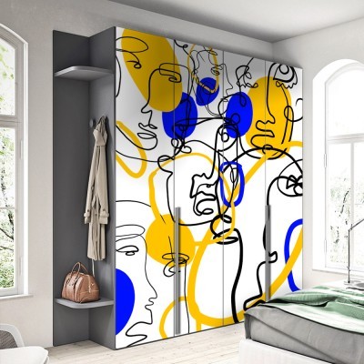 Yellow & blue with faces, Line Art, Αυτοκόλλητα ντουλάπας, 100 x 100 εκ. (45533)